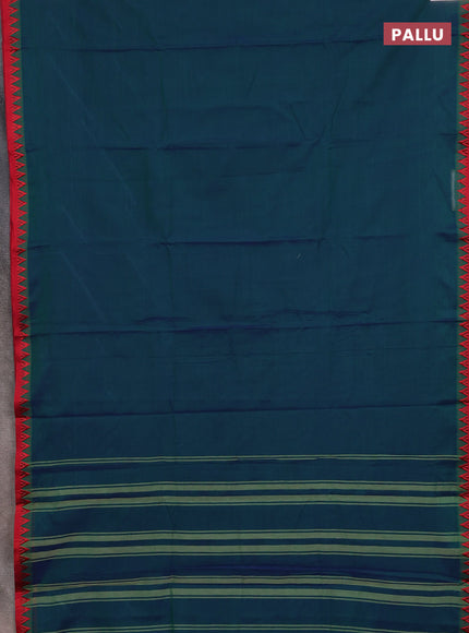 Narayanpet cotton saree dual shade of bluish green and maroon with plain body and temple design thread woven border