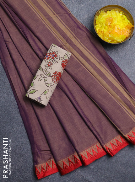 Narayanpet cotton saree dual shade of purplish beige and beige with plain body and temple design thread woven border