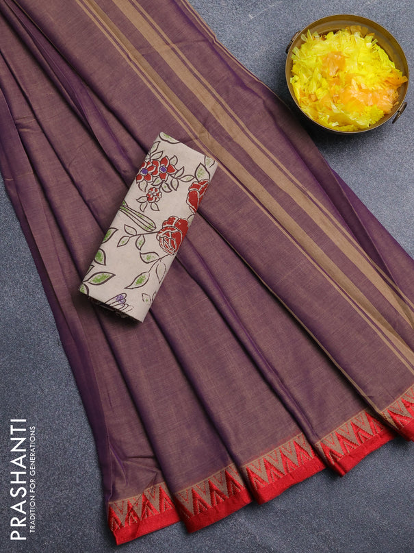 Narayanpet cotton saree dual shade of purplish beige and beige with plain body and temple design thread woven border
