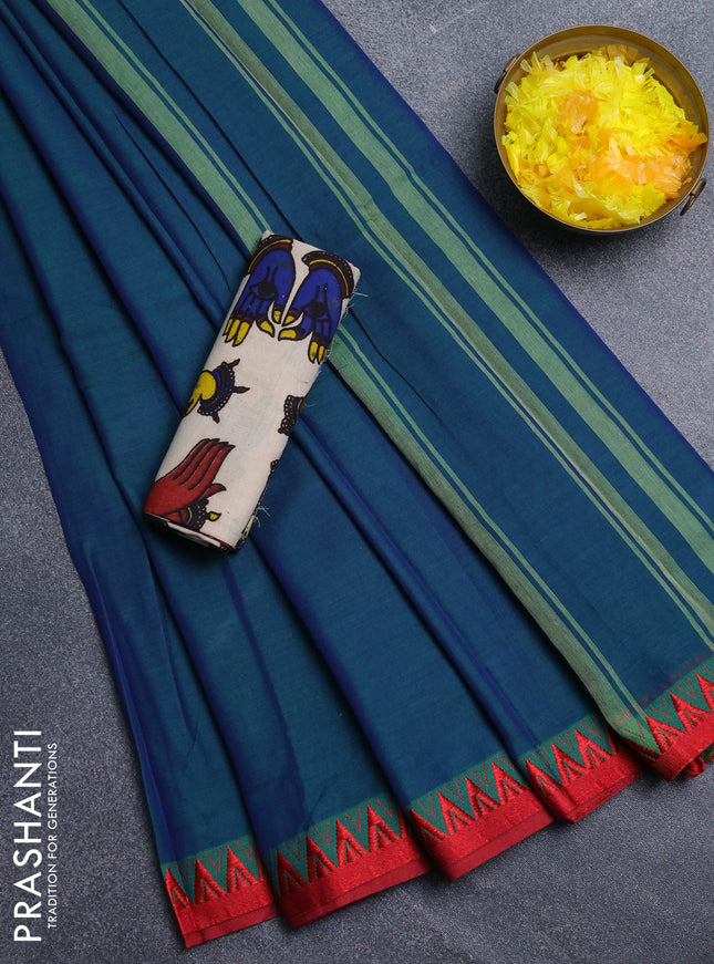 Narayanpet cotton saree dual shade of bluish green and beige with plain body and temple design thread woven border