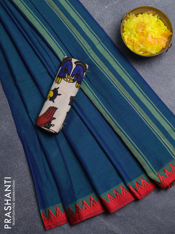 Narayanpet cotton saree dual shade of bluish green and beige with plain body and temple design thread woven border