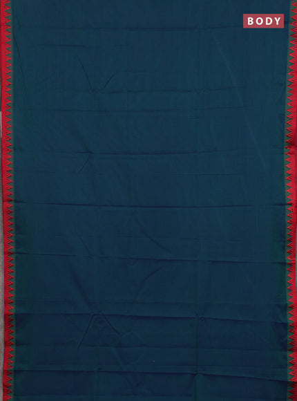 Narayanpet cotton saree dual shade of bluish green and beige with plain body and temple design thread woven border