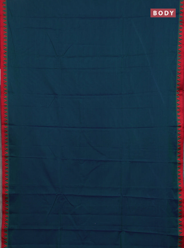 Narayanpet cotton saree dual shade of bluish green and beige with plain body and temple design thread woven border