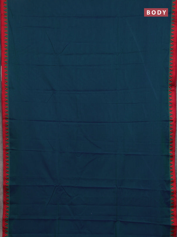 Narayanpet cotton saree dual shade of bluish green and beige with plain body and temple design thread woven border