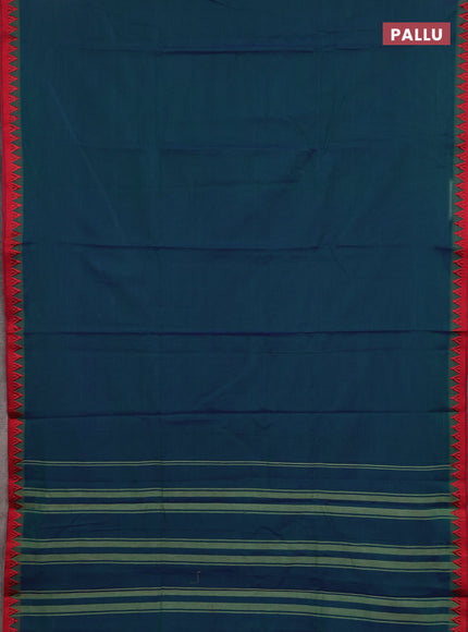Narayanpet cotton saree dual shade of bluish green and beige with plain body and temple design thread woven border