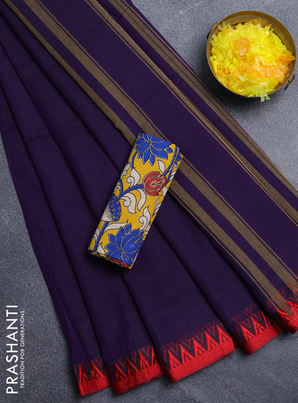 Narayanpet cotton saree violet and yellow with plain body and temple design thread woven border