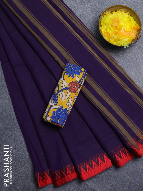 Narayanpet cotton saree violet and yellow with plain body and temple design thread woven border