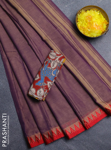 Narayanpet cotton saree dual shade of purplish beige and maroon with plain body and temple design thread woven border