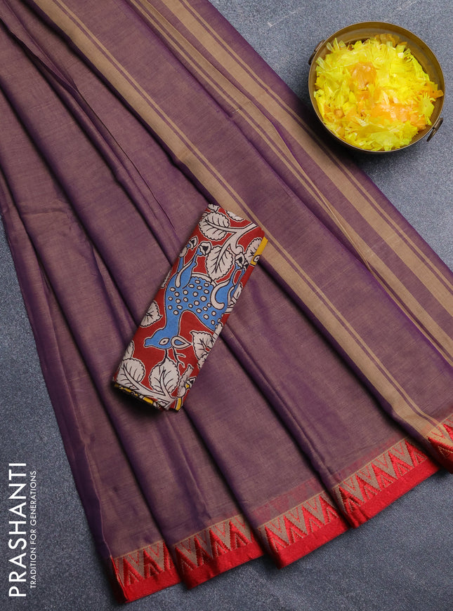 Narayanpet cotton saree dual shade of purplish beige and maroon with plain body and temple design thread woven border