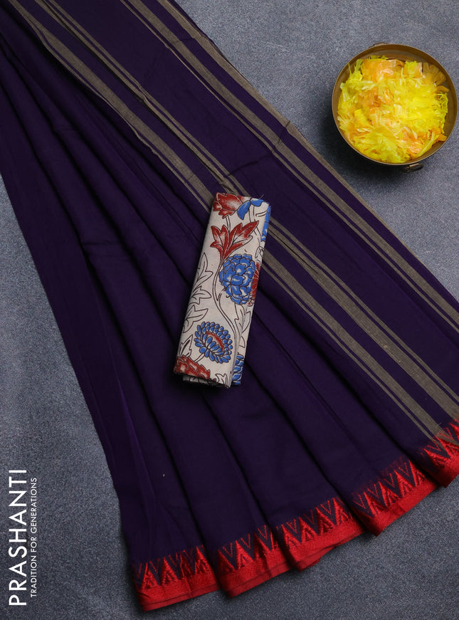 Narayanpet cotton saree violet and off white with plain body and temple design thread woven border