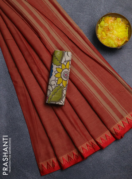Narayanpet cotton saree red shade and off white with plain body and temple design thread woven border