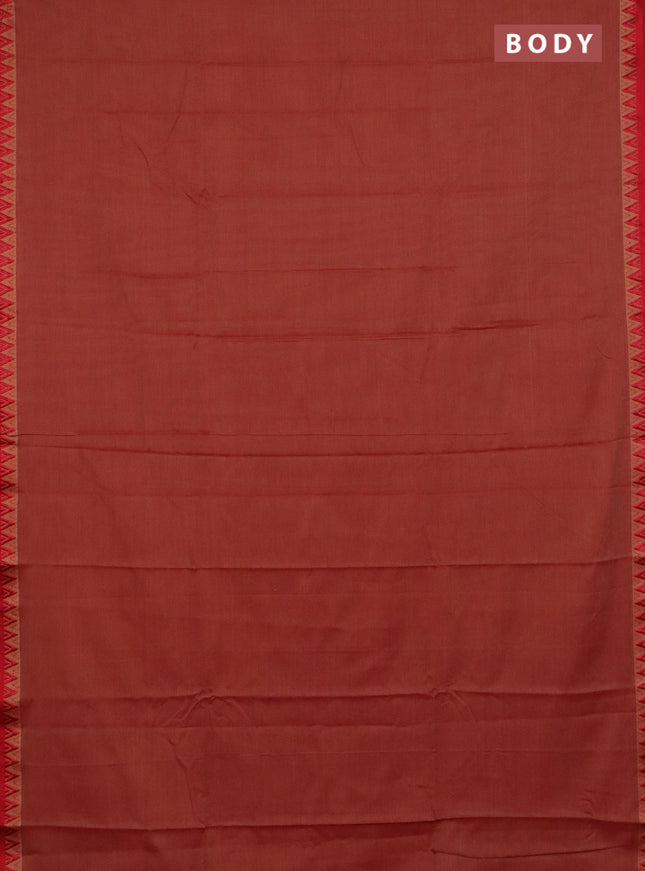 Narayanpet cotton saree red shade and off white with plain body and temple design thread woven border
