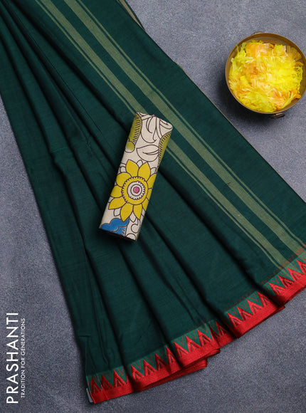 Narayanpet cotton saree bottle green and beige with plain body and temple design thread woven border