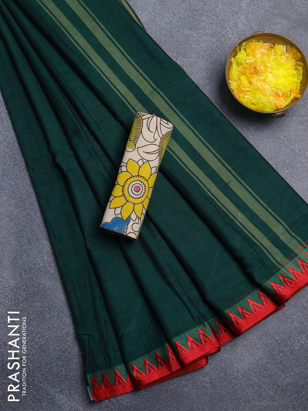 Narayanpet cotton saree bottle green and beige with plain body and temple design thread woven border