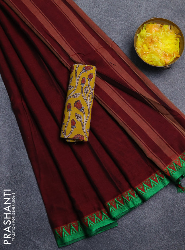 Narayanpet cotton saree deep maroon and yellow with plain body and temple design thread woven border