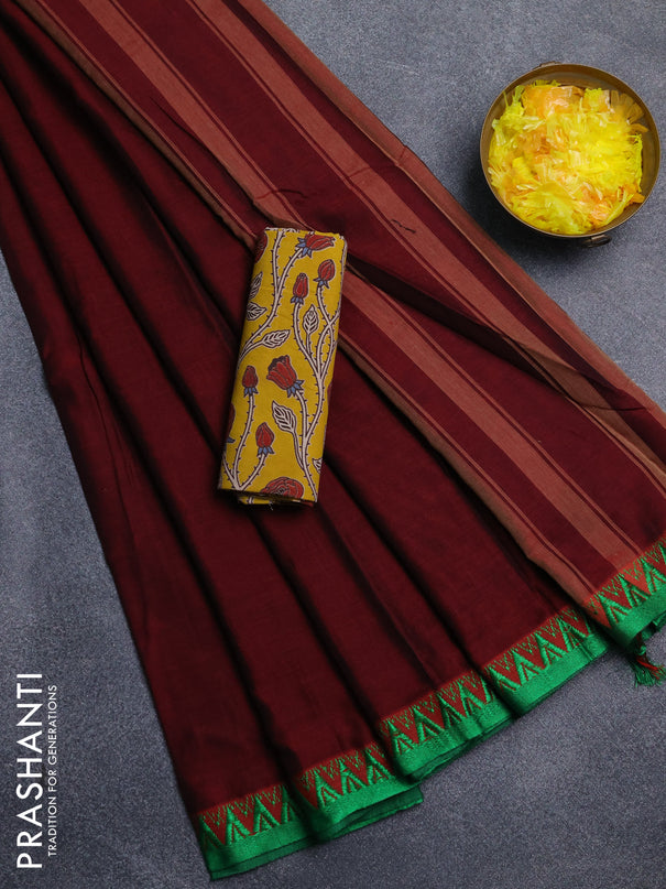 Narayanpet cotton saree deep maroon and yellow with plain body and temple design thread woven border