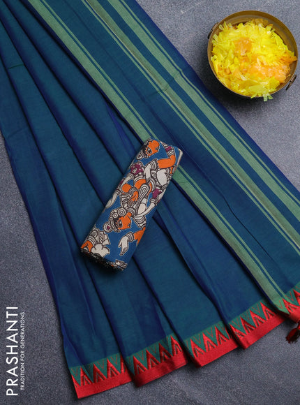 Narayanpet cotton saree peacock green and cs blue with plain body and temple design thread woven border