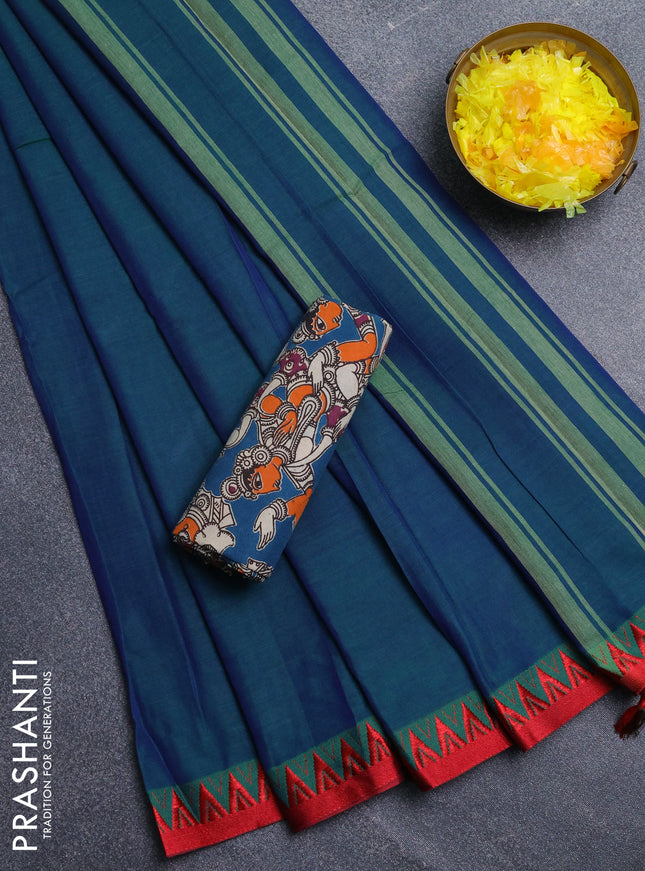 Narayanpet cotton saree peacock green and cs blue with plain body and temple design thread woven border