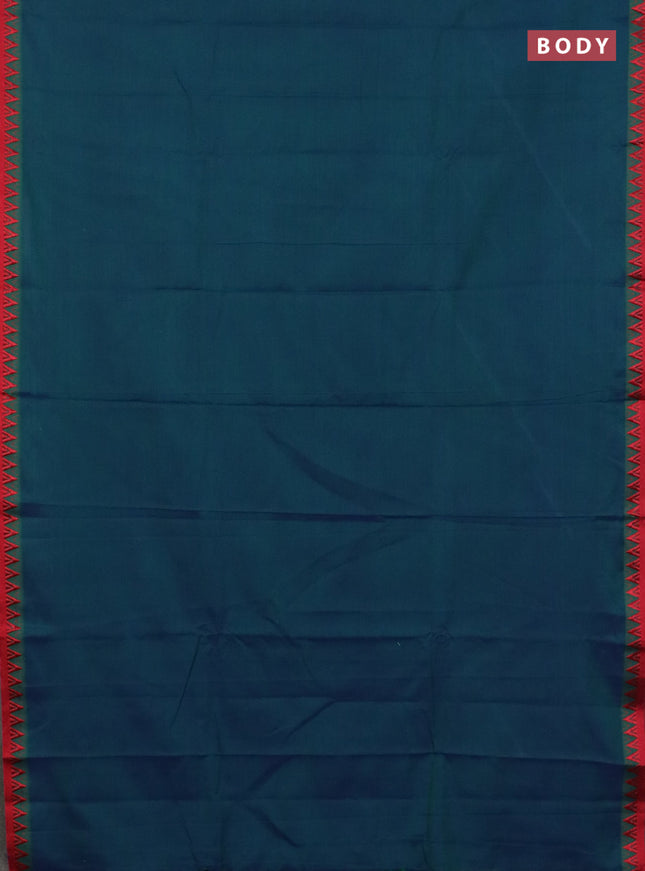 Narayanpet cotton saree peacock green and cs blue with plain body and temple design thread woven border