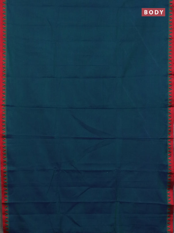 Narayanpet cotton saree peacock green and cs blue with plain body and temple design thread woven border