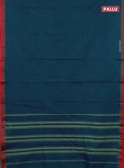 Narayanpet cotton saree peacock green and cs blue with plain body and temple design thread woven border
