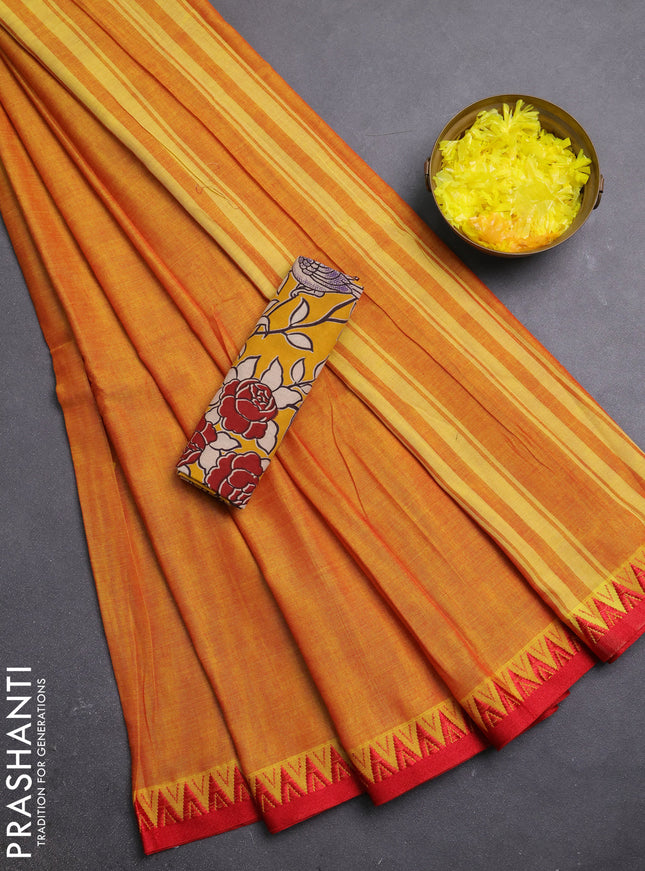 Narayanpet cotton saree mustard yellow and yellow with plain body and temple design thread woven border