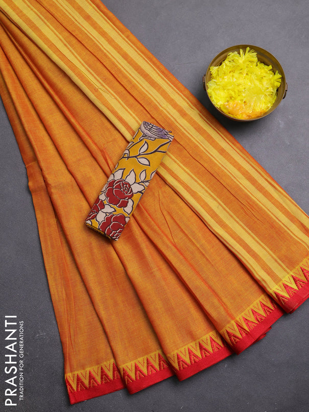 Narayanpet cotton saree mustard yellow and yellow with plain body and temple design thread woven border