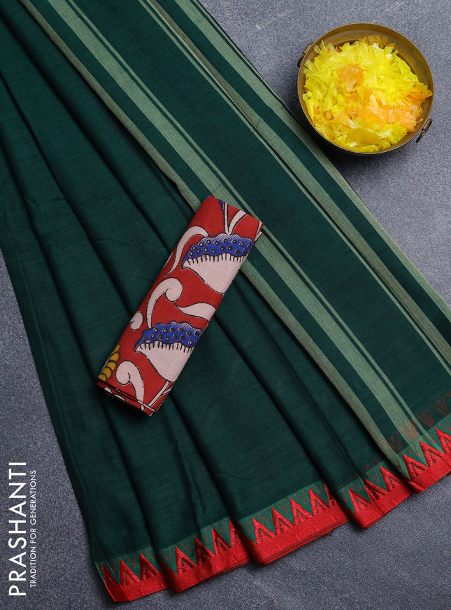 Narayanpet cotton saree green and maroon with plain body and temple design thread woven border
