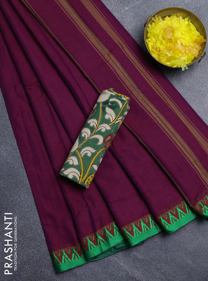 Narayanpet cotton saree wine shade and green with plain body and temple design thread woven border