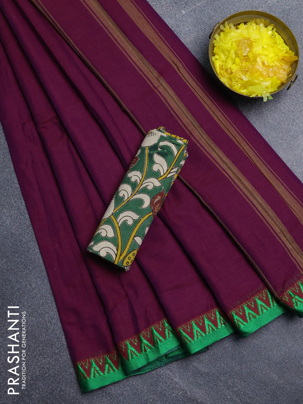 Narayanpet cotton saree wine shade and green with plain body and temple design thread woven border