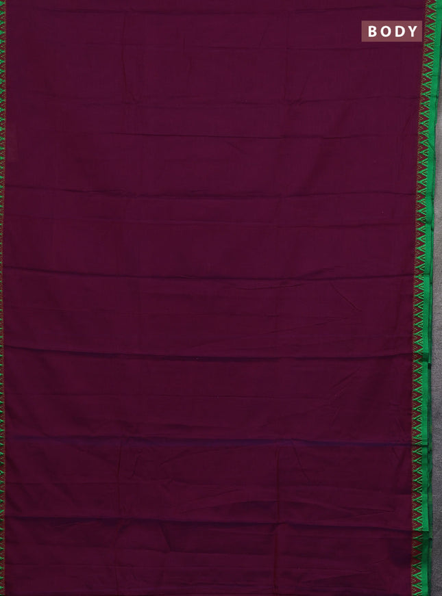 Narayanpet cotton saree wine shade and green with plain body and temple design thread woven border