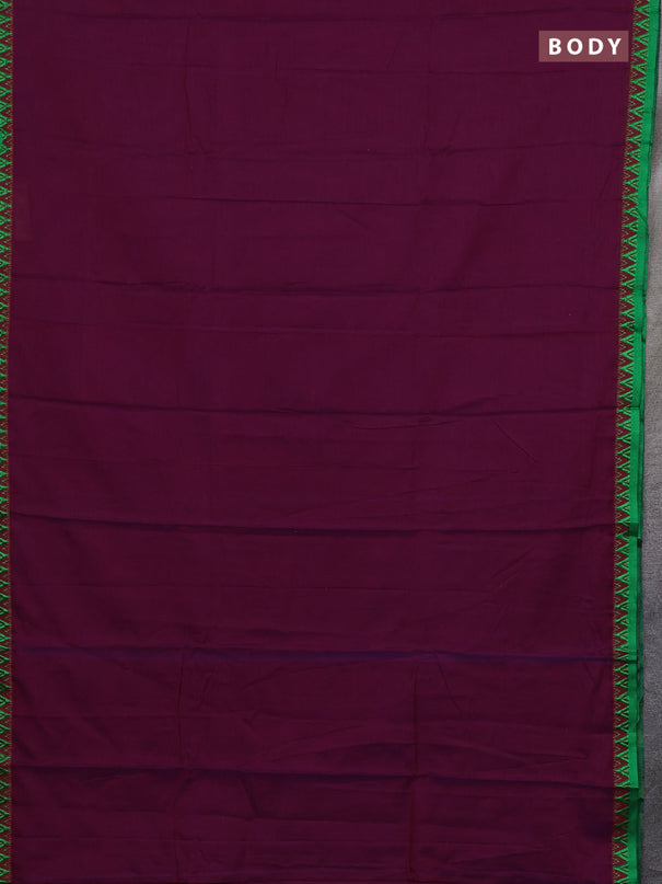Narayanpet cotton saree wine shade and green with plain body and temple design thread woven border