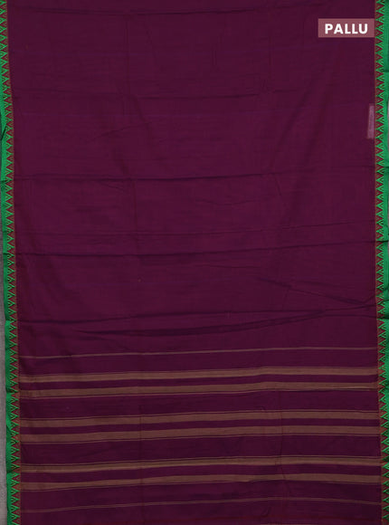 Narayanpet cotton saree wine shade and green with plain body and temple design thread woven border