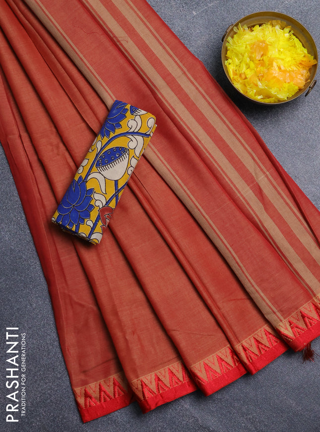 Narayanpet cotton saree red shade and mustard yellow with plain body and temple design thread woven border