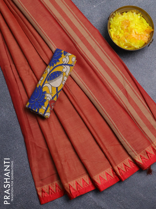 Narayanpet cotton saree red shade and mustard yellow with plain body and temple design thread woven border
