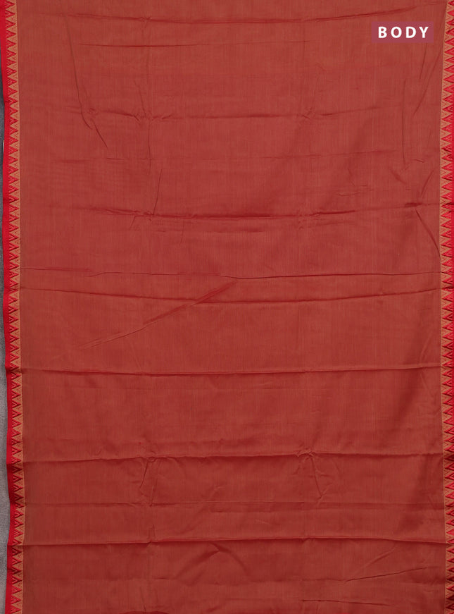 Narayanpet cotton saree red shade and mustard yellow with plain body and temple design thread woven border