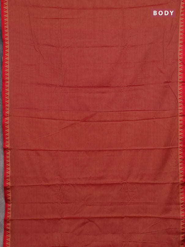 Narayanpet cotton saree red shade and mustard yellow with plain body and temple design thread woven border