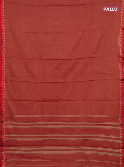 Narayanpet cotton saree red shade and mustard yellow with plain body and temple design thread woven border
