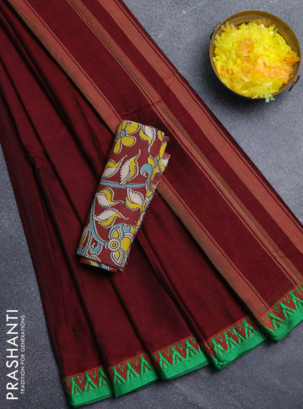 Narayanpet cotton saree deep maroon and maroon with plain body and temple design thread woven border