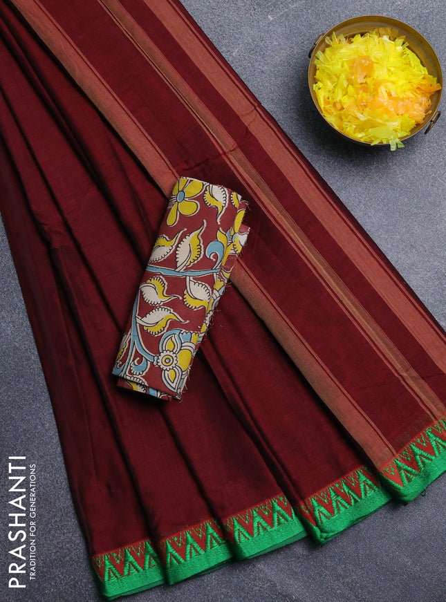 Narayanpet cotton saree deep maroon and maroon with plain body and temple design thread woven border