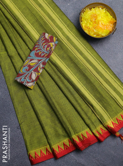 Narayanpet cotton saree light green and maroon with plain body and temple design thread woven border