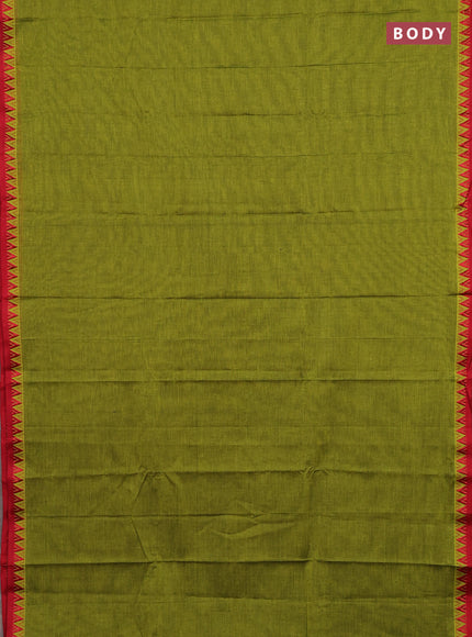 Narayanpet cotton saree light green and maroon with plain body and temple design thread woven border