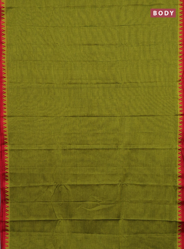 Narayanpet cotton saree light green and maroon with plain body and temple design thread woven border