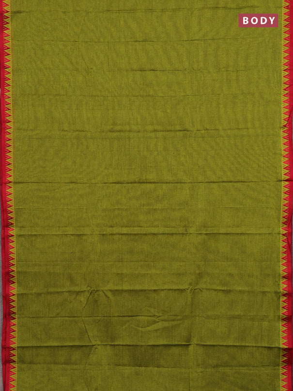 Narayanpet cotton saree light green and maroon with plain body and temple design thread woven border