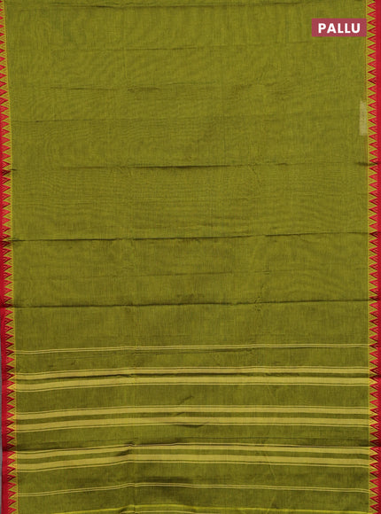 Narayanpet cotton saree light green and maroon with plain body and temple design thread woven border