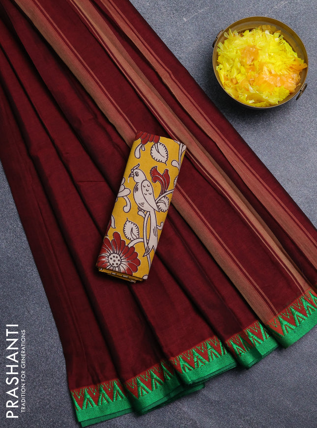 Narayanpet cotton saree deep maroon and mustard yellow with plain body and temple design thread woven border