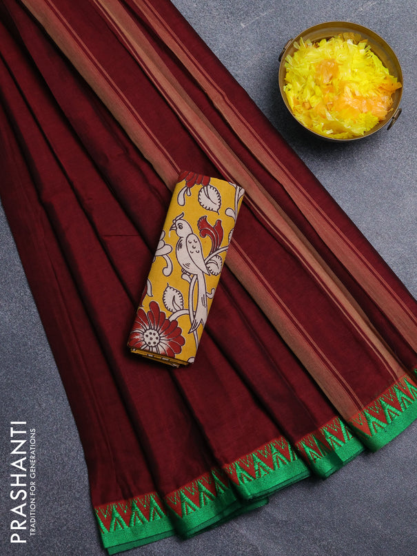 Narayanpet cotton saree deep maroon and mustard yellow with plain body and temple design thread woven border