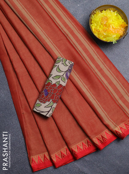 Narayanpet cotton saree red shade and beige with plain body and temple design thread woven border