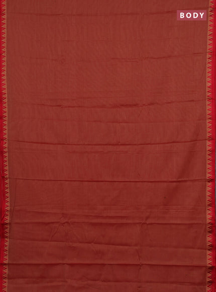 Narayanpet cotton saree red shade and beige with plain body and temple design thread woven border