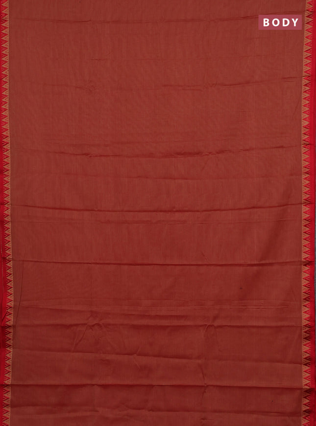 Narayanpet cotton saree red shade and beige with plain body and temple design thread woven border